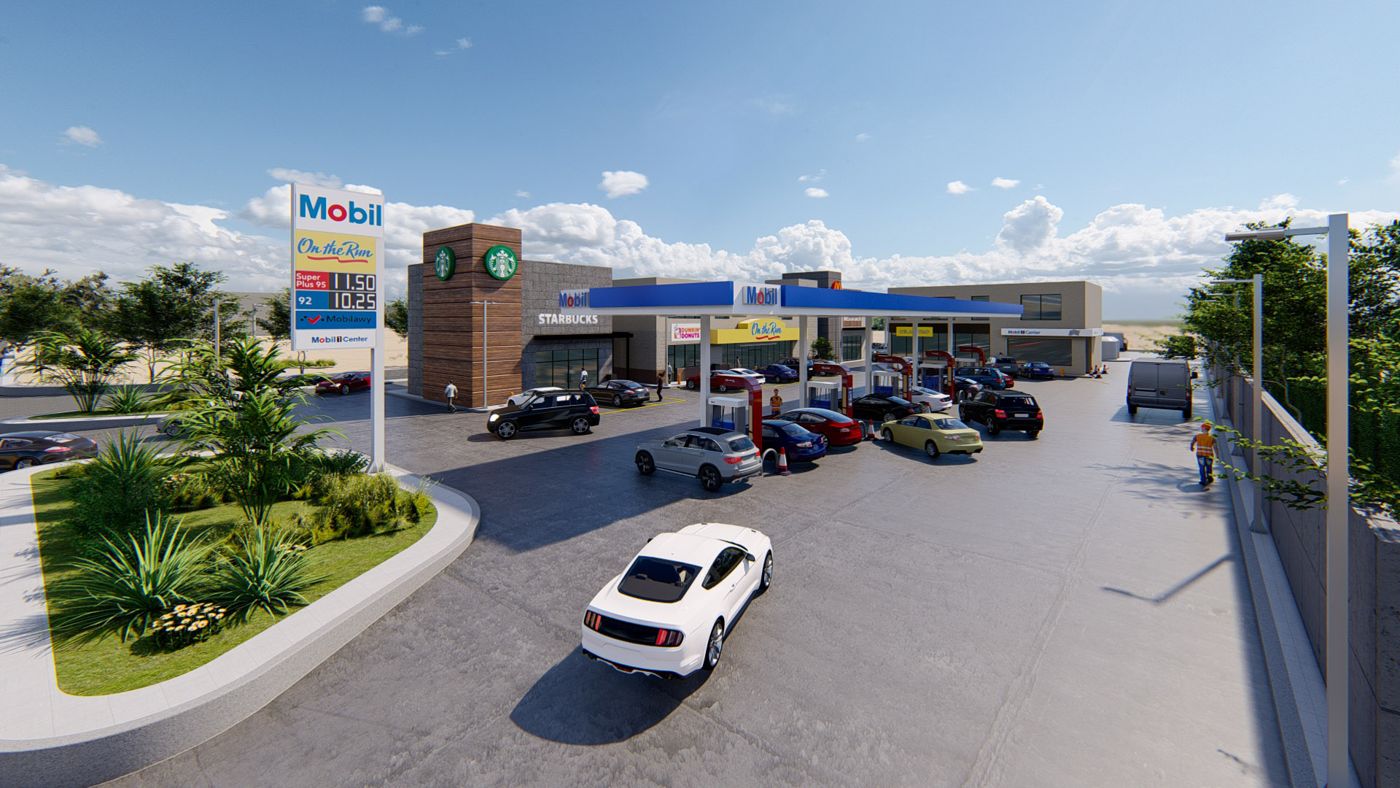 3D render of a Mobil fuel station designed by Beyond
